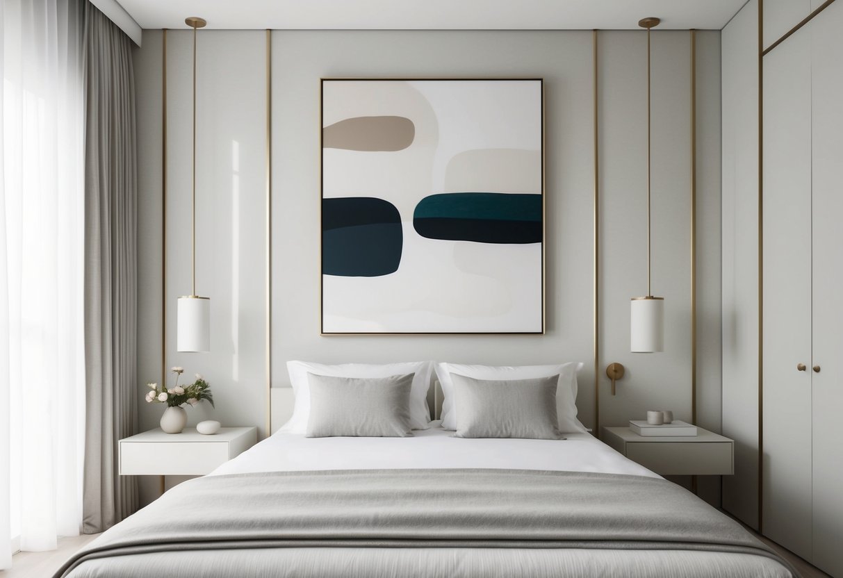 A serene bedroom with a large framed abstract art piece as the focal point. Minimalist decor, neutral color palette, and clean lines create a tranquil atmosphere