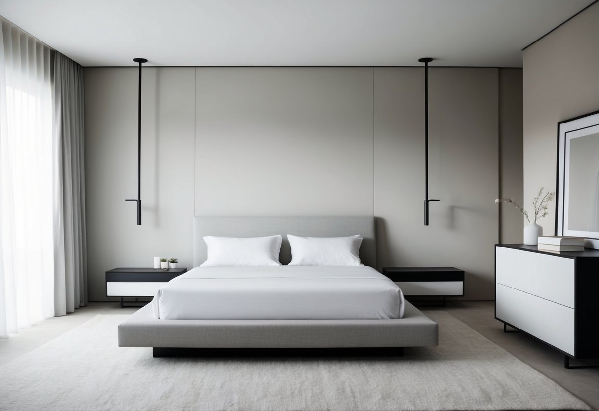 A spacious, uncluttered bedroom with a platform bed, sleek nightstands, and a simple, low-profile dresser. Neutral colors and clean lines create a minimalist, serene atmosphere