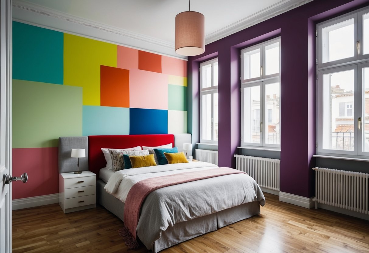 A bedroom with a variety of paint colors on the walls, ranging from soft pastels to bold and vibrant hues. The room is well-lit with natural light streaming in through the windows