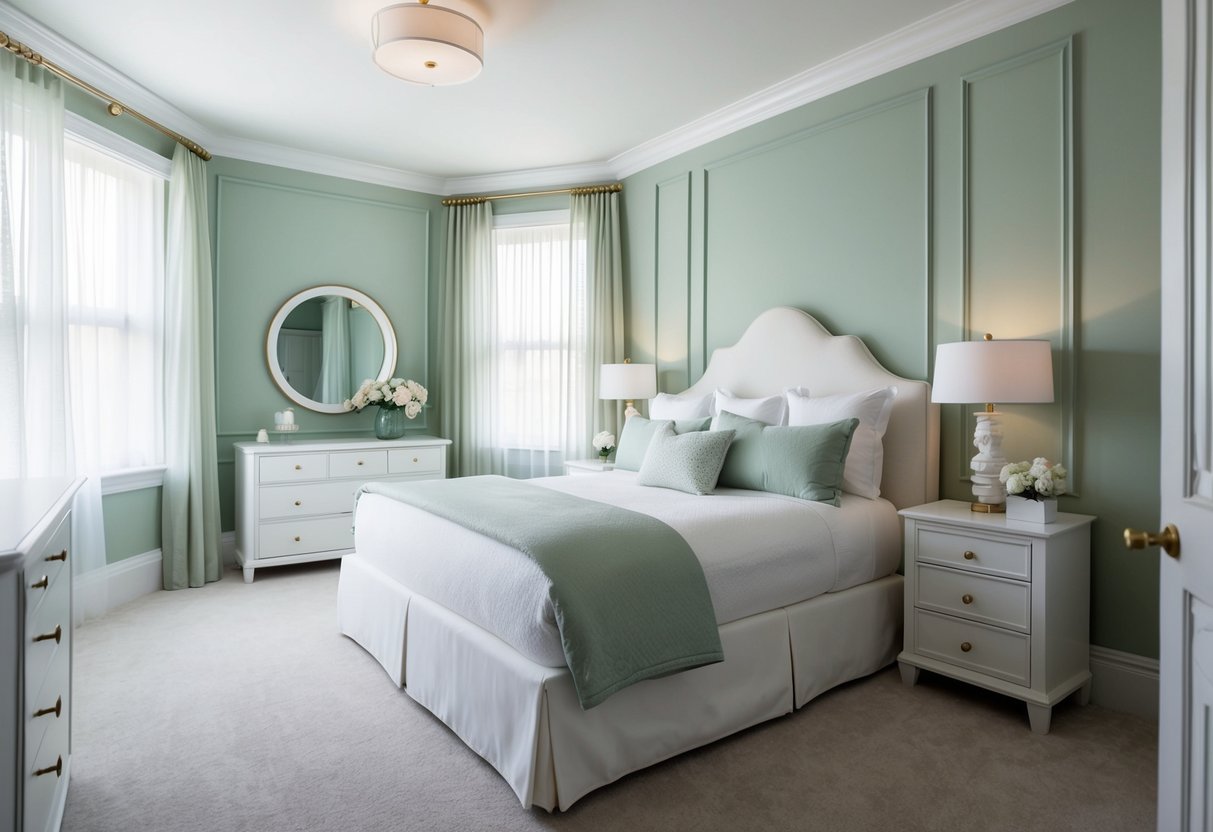 A bedroom with soft, pale sage green walls, accented with white trim and furniture. Natural light filters in through sheer curtains, creating a serene and tranquil atmosphere