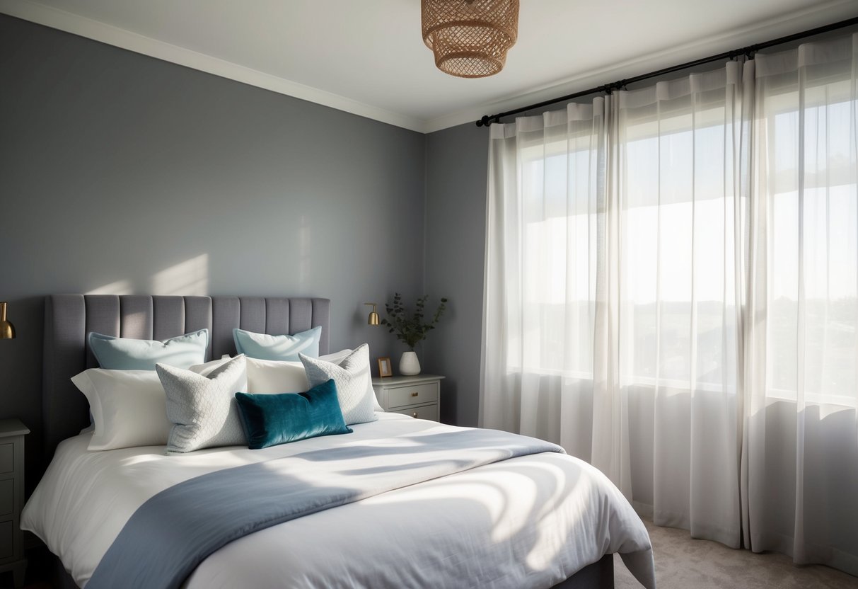 A cozy bedroom with serene gray walls, soft white bedding, and accents of pale blue and lavender. Sunlight filters through sheer curtains, casting a gentle glow on the room