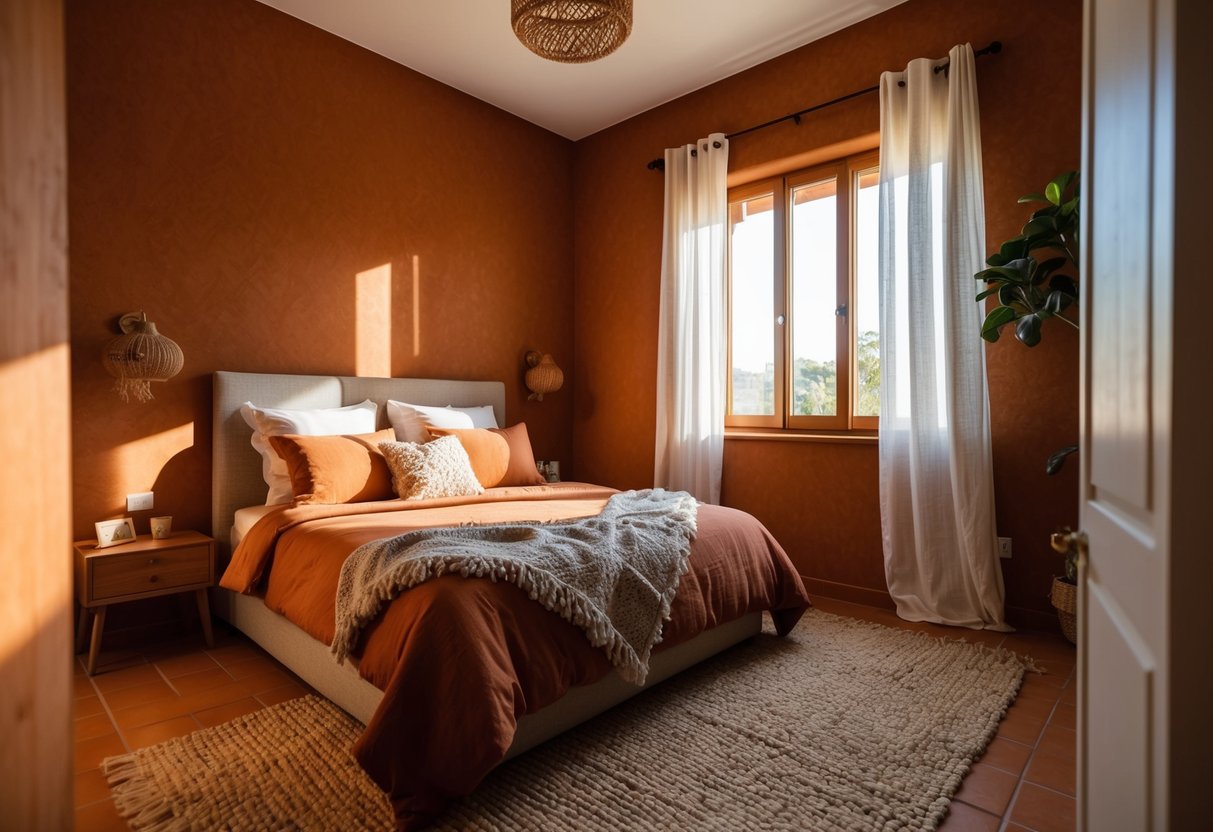 A bedroom with terracotta walls, warm earthy tones, and cozy ambiance. Sunlight streaming through the window, casting a soft glow on the room