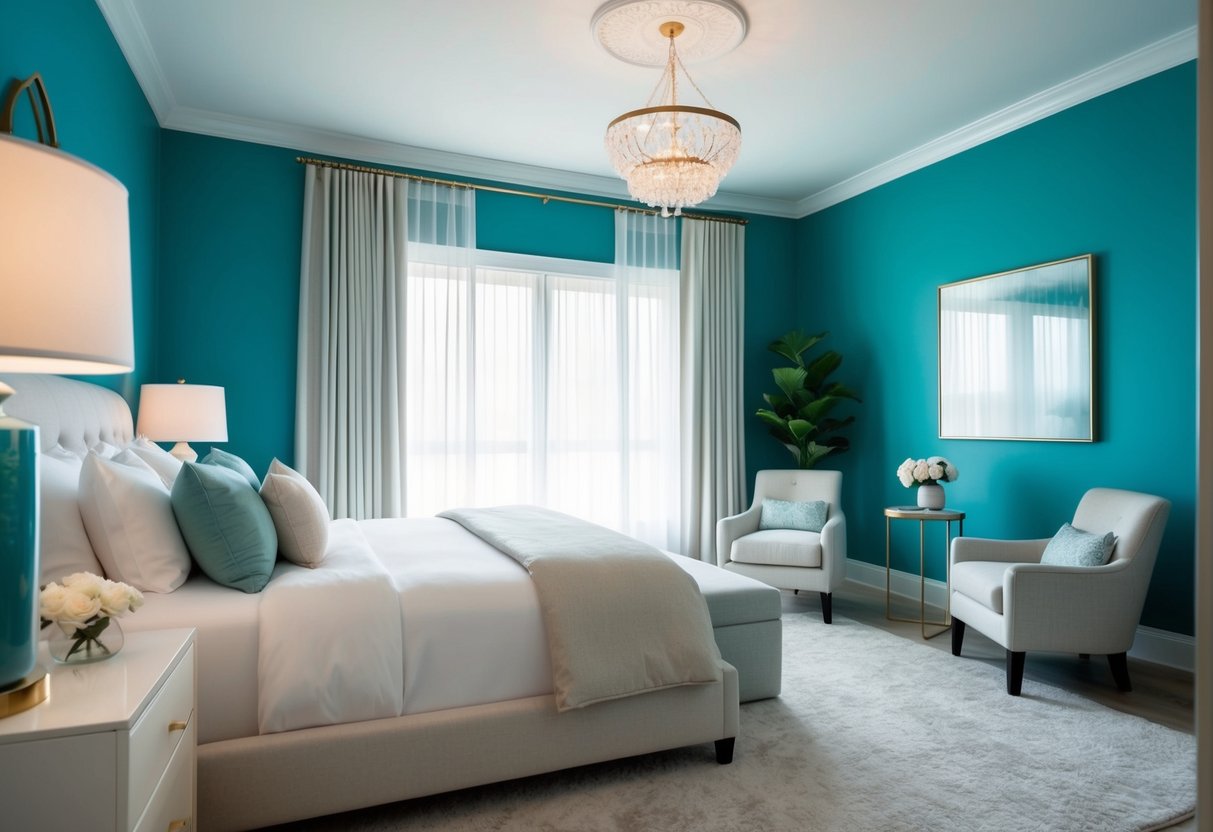 A serene bedroom with tranquil teal walls, accented by soft, neutral furnishings and natural light filtering in through sheer curtains