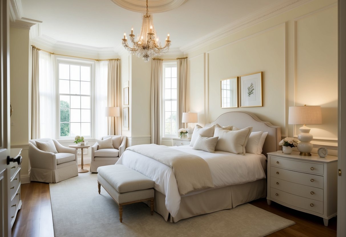 A bedroom with creamy ivory walls, adorned with soft, neutral-toned furnishings and accents. Natural light pours in through large windows, casting a warm and inviting glow throughout the space