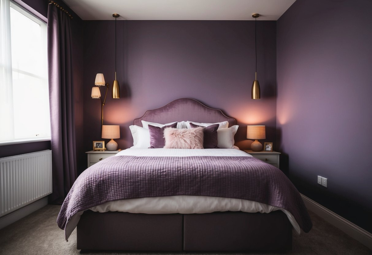 A bedroom with smoky purple walls, adorned with cozy furnishings and soft lighting