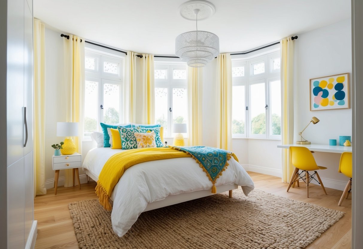 A bedroom with bright white walls and colorful decor. Light floods in through large windows, illuminating the space