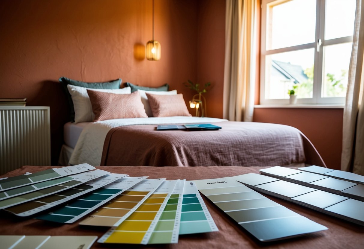 A bedroom with clay red walls, adorned with various paint color swatches and sample cards scattered across a table. Light filters in through a window, casting a warm glow on the room