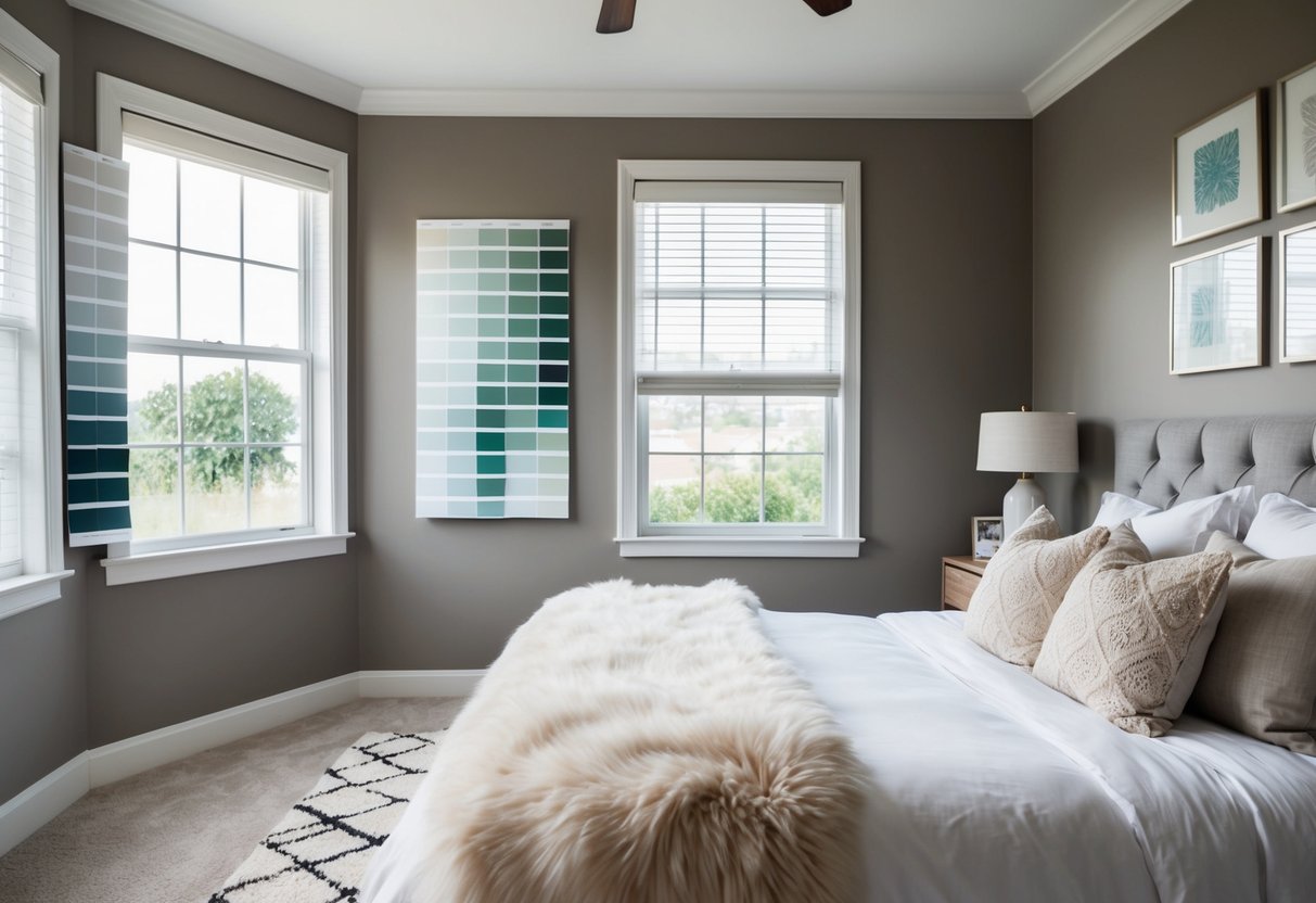 A bedroom with a variety of paint swatches on the wall, natural light streaming in through the window, and a cozy bed with fluffy pillows