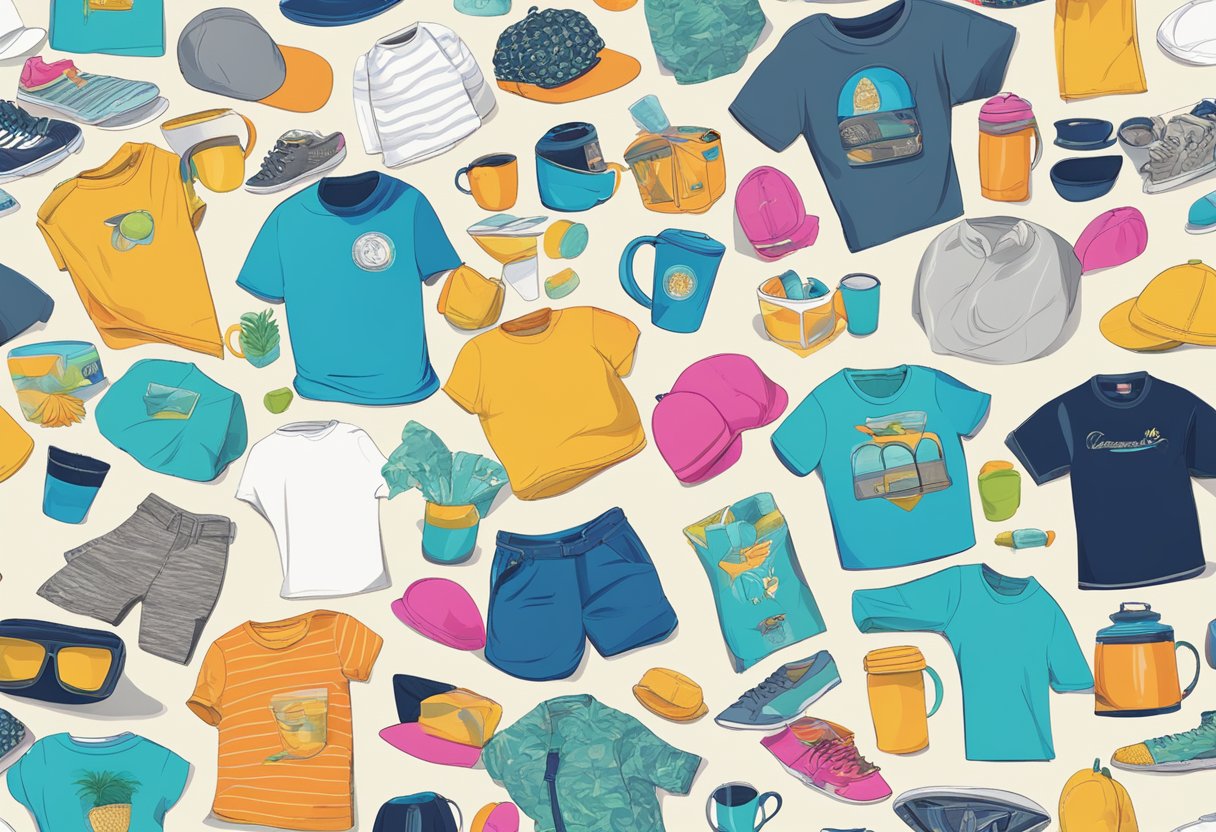 A vibrant array of products, from t-shirts to mugs, featuring trendy niche designs for 2024