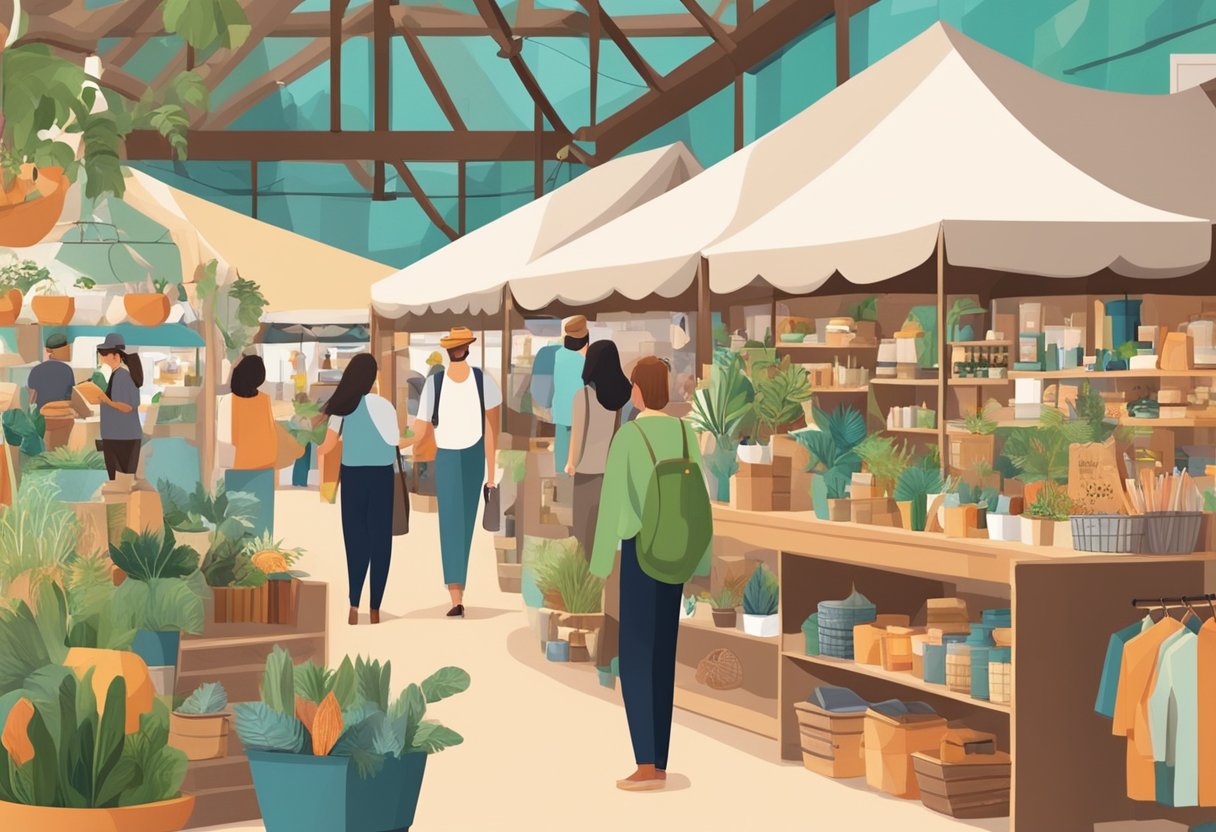 A bustling marketplace with various unique and niche products on display, from eco-friendly home decor to personalized tech accessories