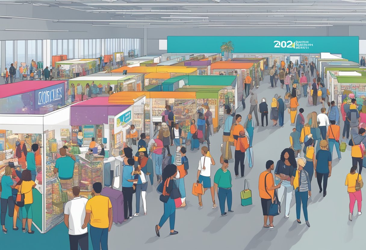 A crowded convention center with diverse attendees browsing through various print on demand niche products for 2024. Tables and booths are adorned with colorful displays and merchandise