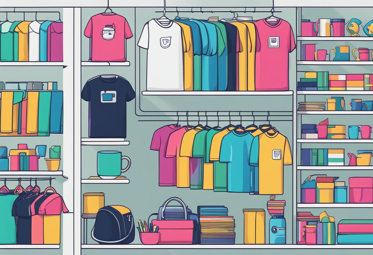 A colorful array of print on demand products, including t-shirts, mugs, and phone cases, are displayed on shelves against a bright, modern backdrop