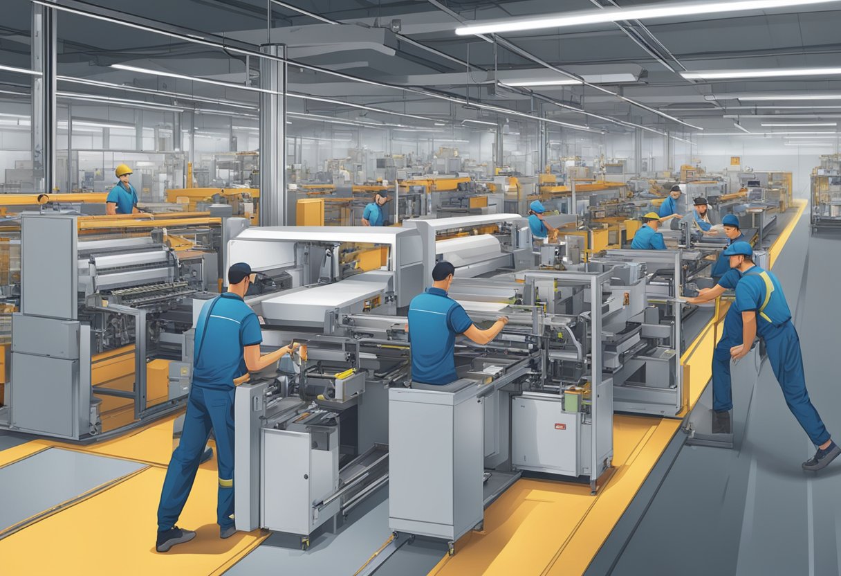 A busy print-on-demand factory with workers fulfilling orders for popular niche products. Machinery hums as products are printed, packaged, and shipped out