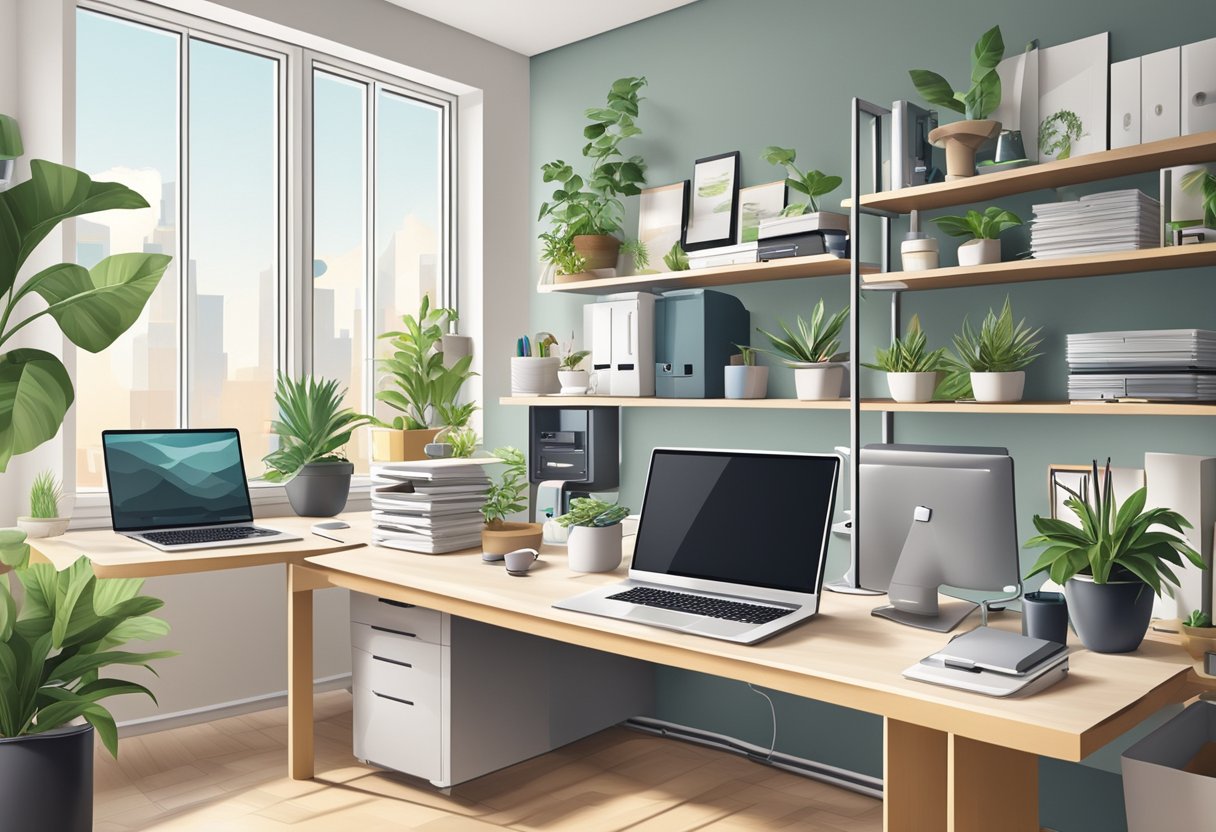 A modern office desk with a computer, printer, and various products on shelves. The room is filled with natural light and plants, creating a productive and welcoming environment