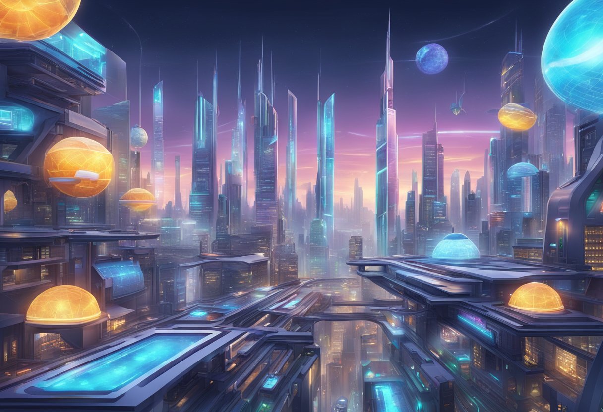 A futuristic city skyline with holographic signs displaying various niche products, surrounded by advanced printing facilities