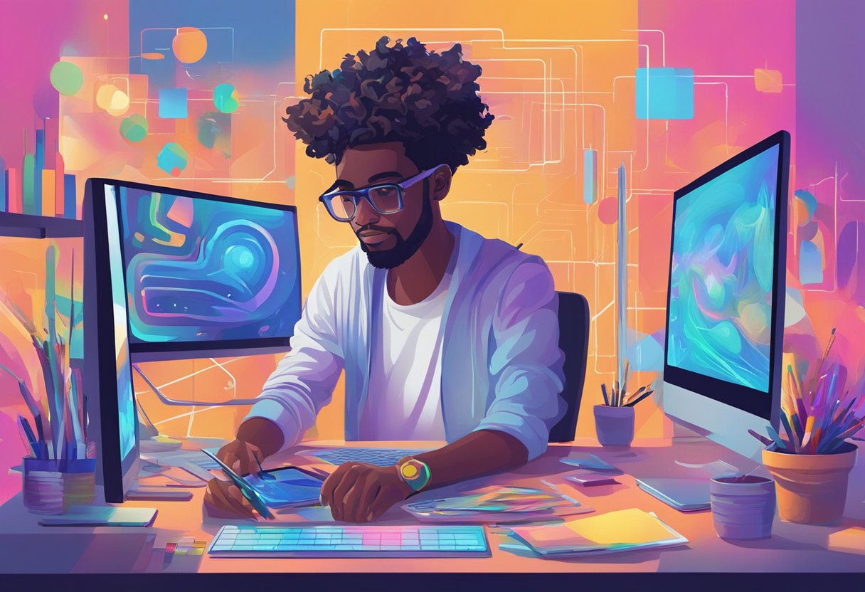 A digital artist sits at a desk, surrounded by computer screens and drawing tablets. They are creating vibrant, abstract art using AI algorithms and digital tools