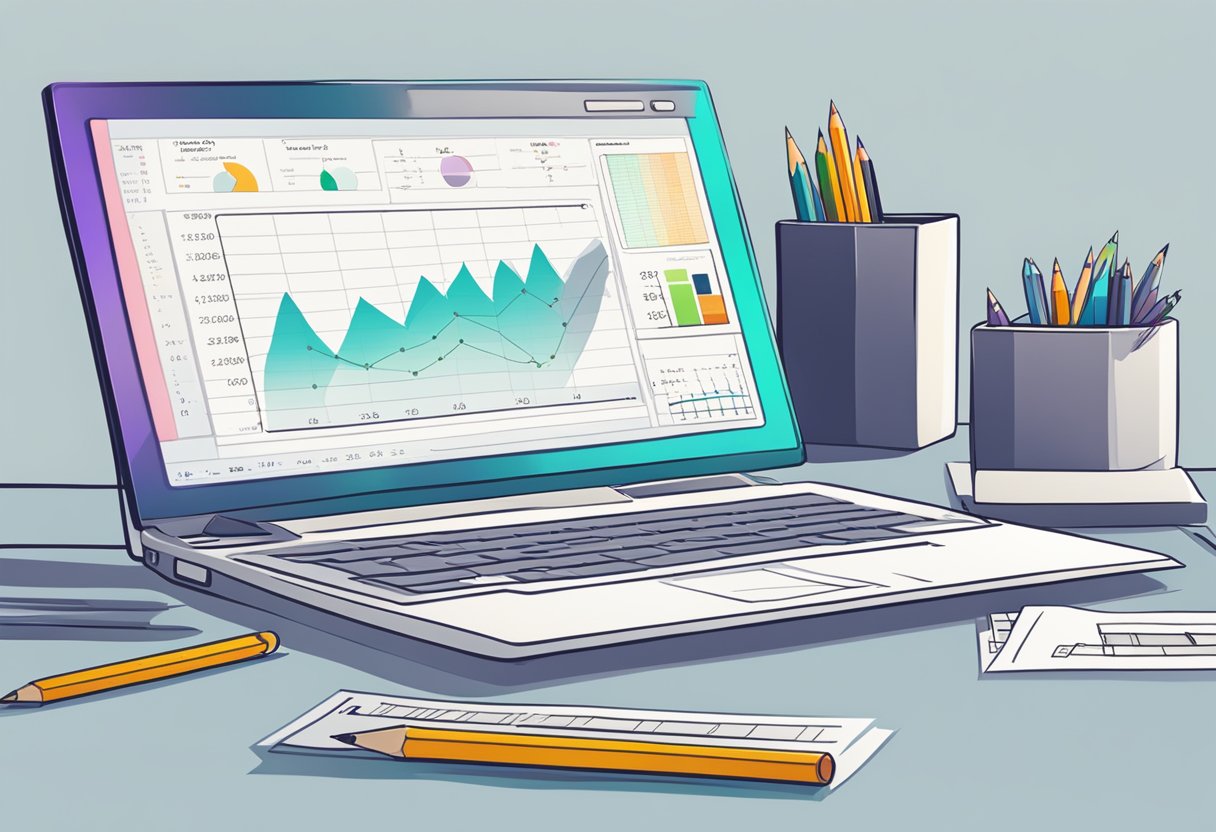 A computer screen displays a graph showing the financial growth of AI-generated art sales. A calculator and pencil sit on a desk with a ledger open to a page of financial calculations