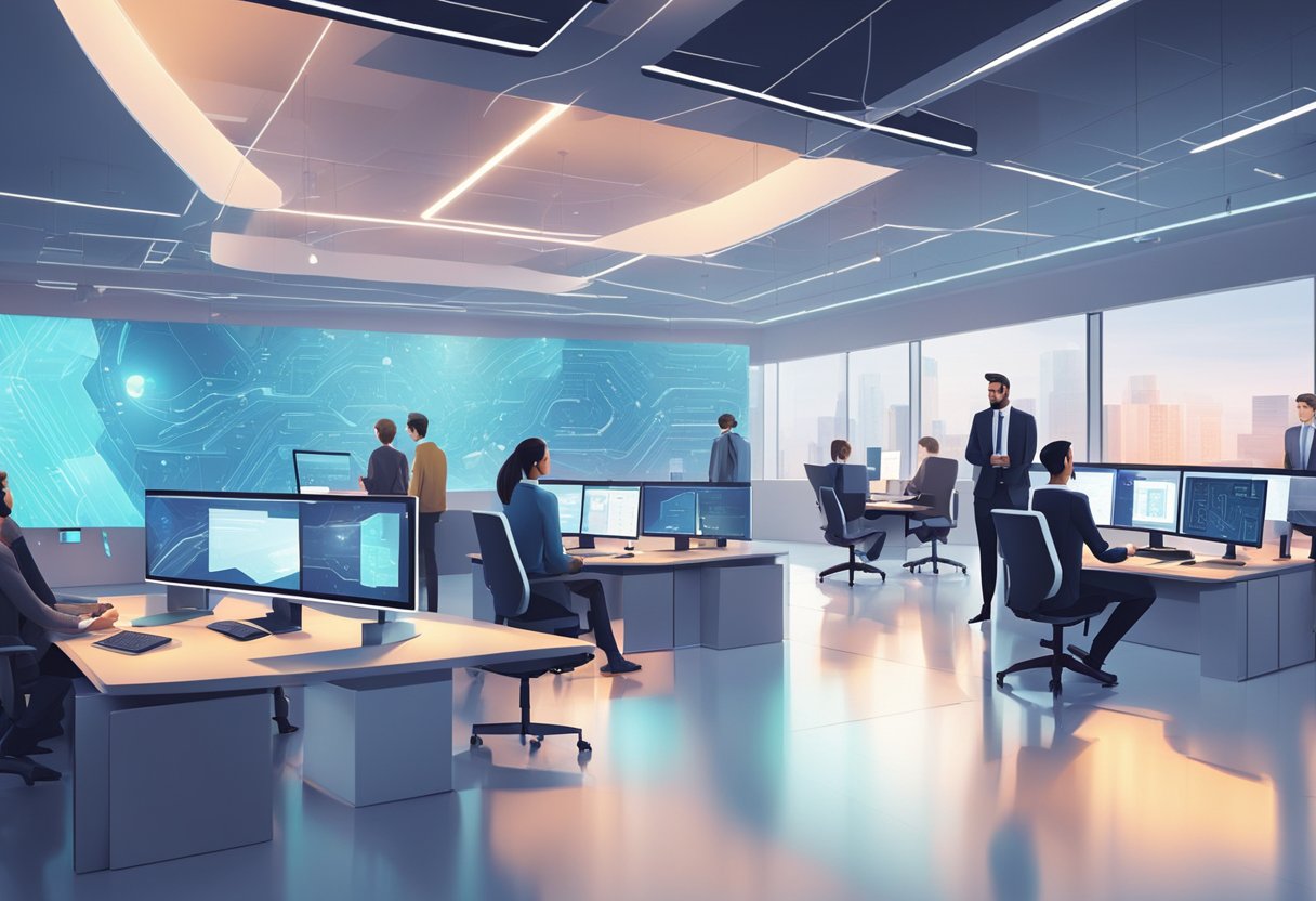 A futuristic office space with AI-generated art displayed on digital screens, while business professionals discuss strategies and review data charts