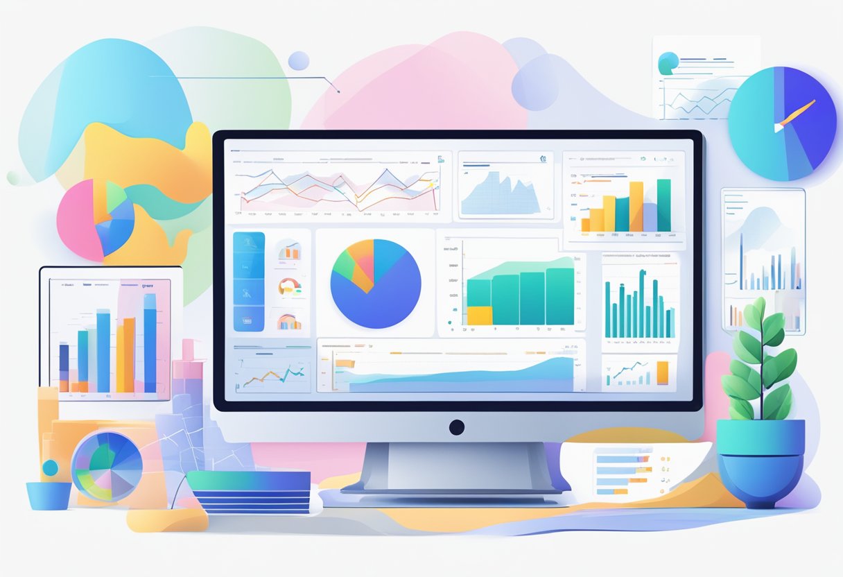 A computer with AI-generated art displayed on a screen, surrounded by graphs and charts showing revenue growth and success metrics