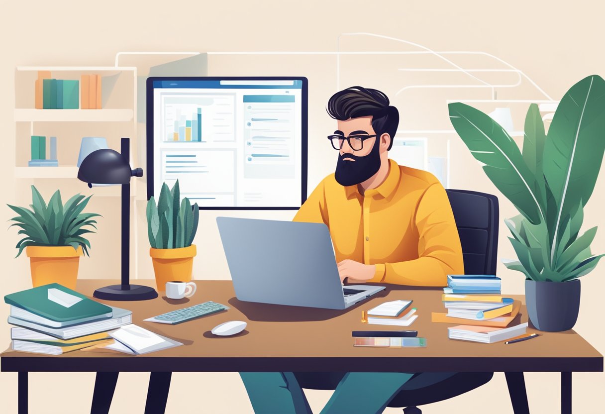 A freelancer sits at a desk, surrounded by a computer, notebook, and pen. They are focused and determined, delivering quality work through Fiverr to build a successful freelance business