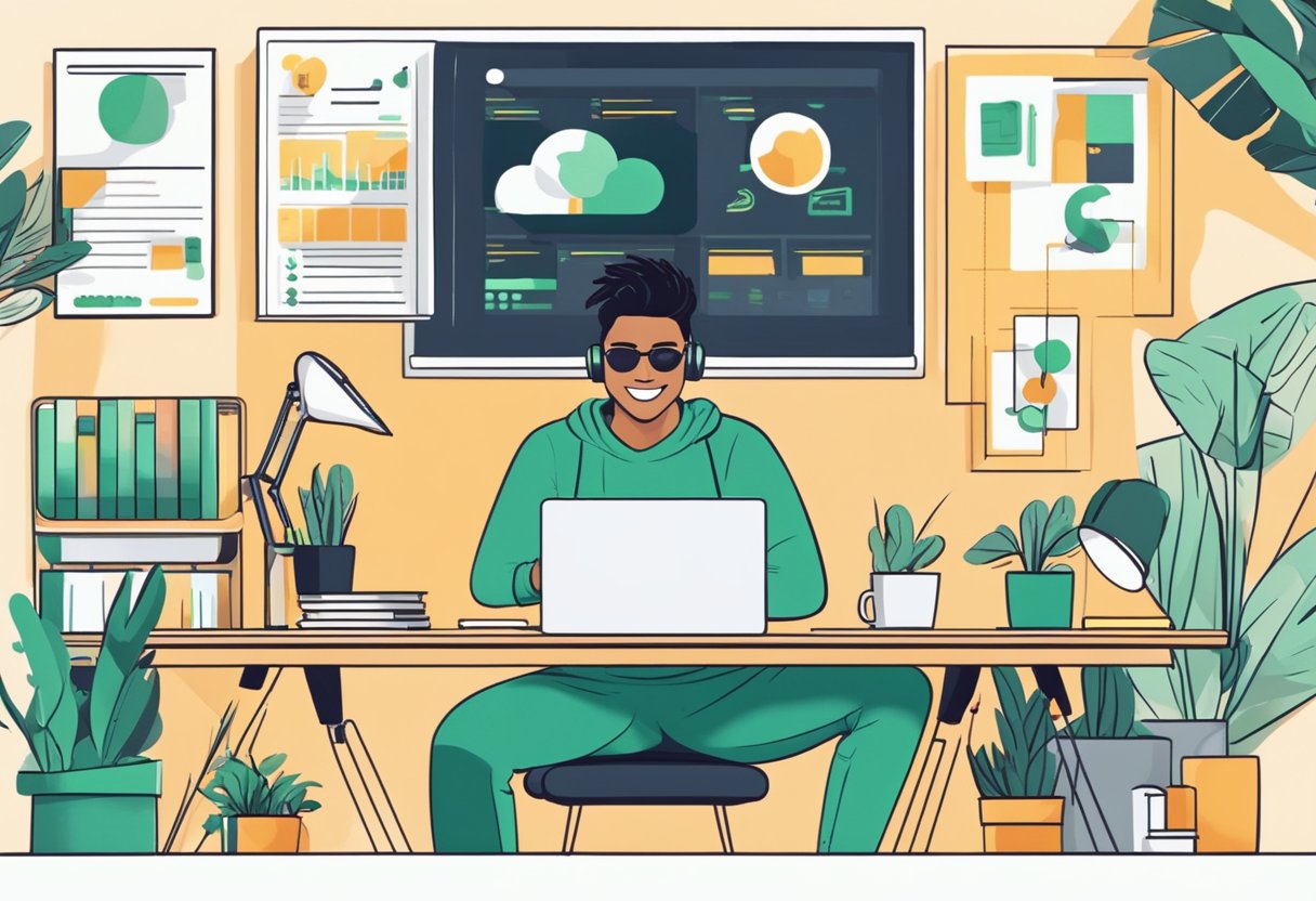 A freelancer sits at a desk, surrounded by a computer, notebook, and phone. They are engaging with Fiverr's platform, showcasing their skills and building their freelance business