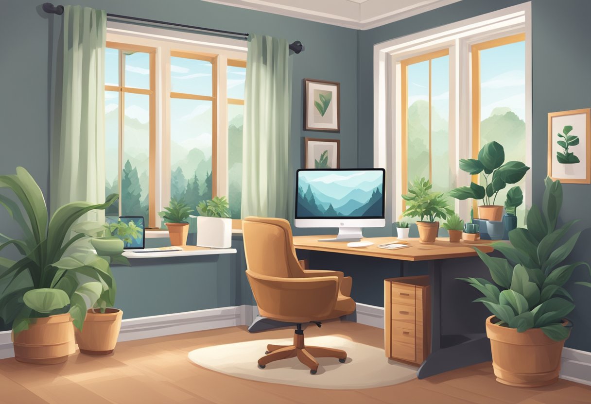 A cozy home office with a computer, desk, and chair. A window with natural light and a potted plant. Peaceful and inviting