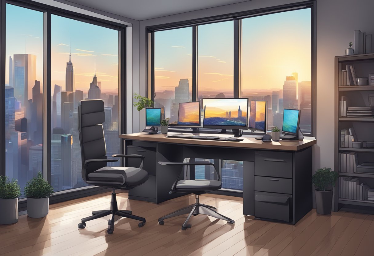 A modern home office setup with a computer, dual monitors, keyboard, mouse, and a comfortable chair. A window with a city skyline in the background