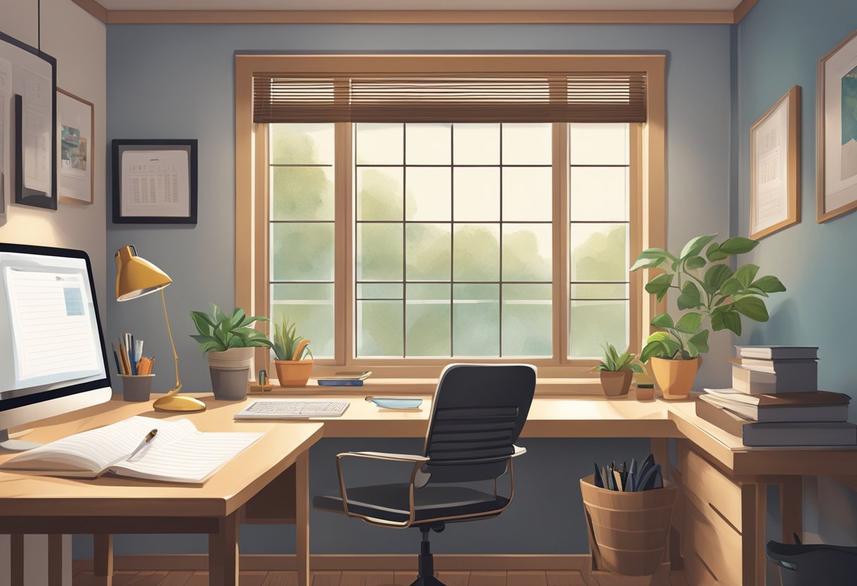 A cozy home office with a laptop, desk, and chair. A calendar and notepad sit on the desk, while a window lets in natural light