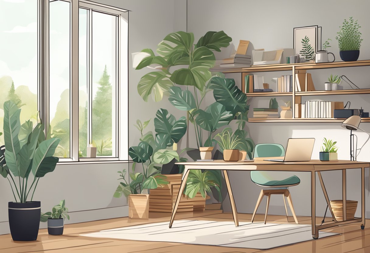 A cozy home office with a laptop, notebook, and a cup of coffee. A bright, open space with plants and natural light