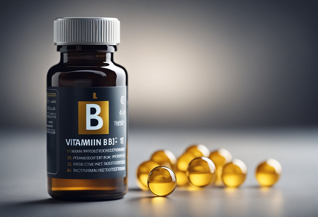 A bottle of Vitamin B1 with a testosterone molecule hovering above it, representing the crucial role of Vitamin B1 in testosterone production