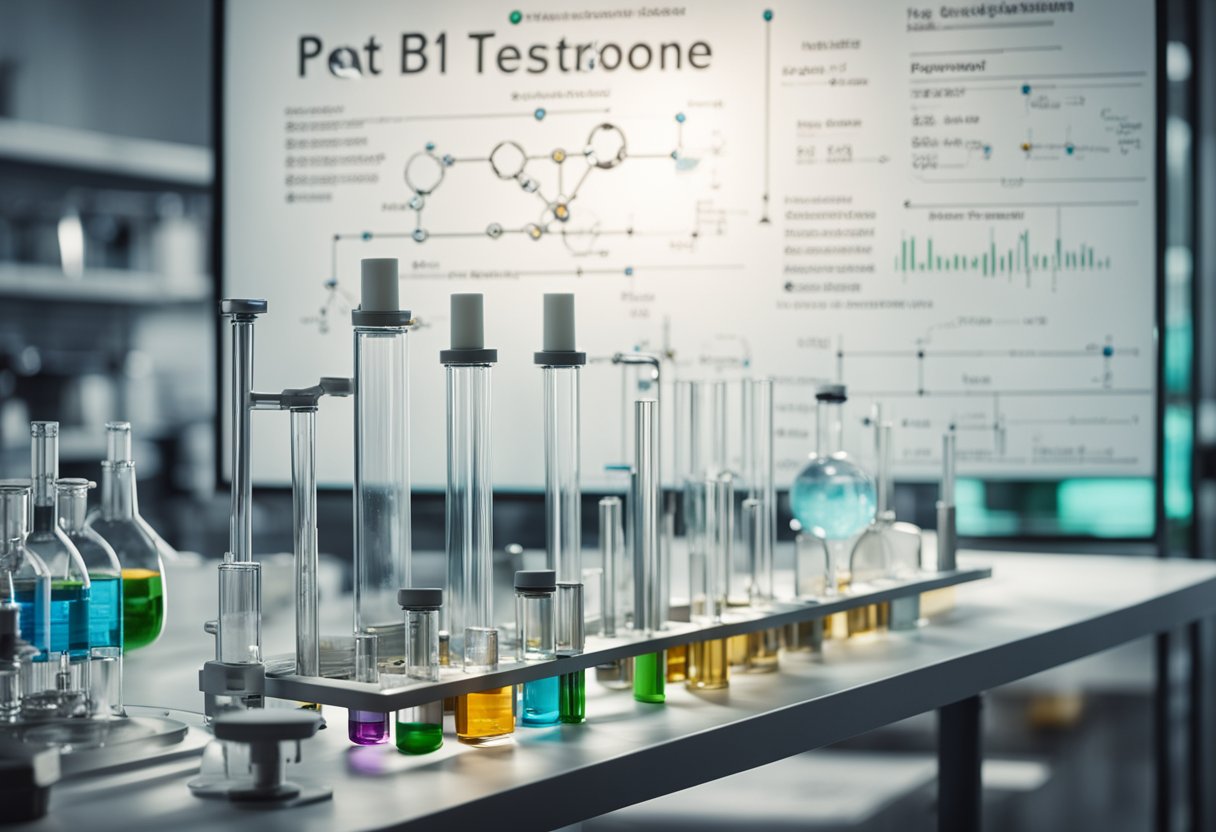 A laboratory setting with test tubes, beakers, and scientific equipment. A diagram of the testosterone synthesis pathway and a molecular structure of vitamin B1 are visible on a whiteboard