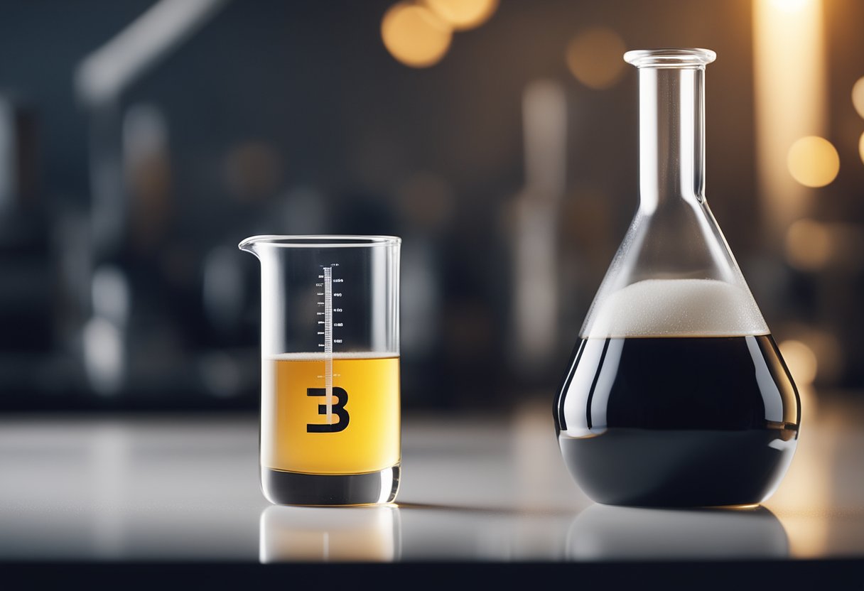 A beaker containing a clear liquid with a label "Vitamin B1" and a bold "T-Factor" symbol. A testosterone molecule model placed next to it