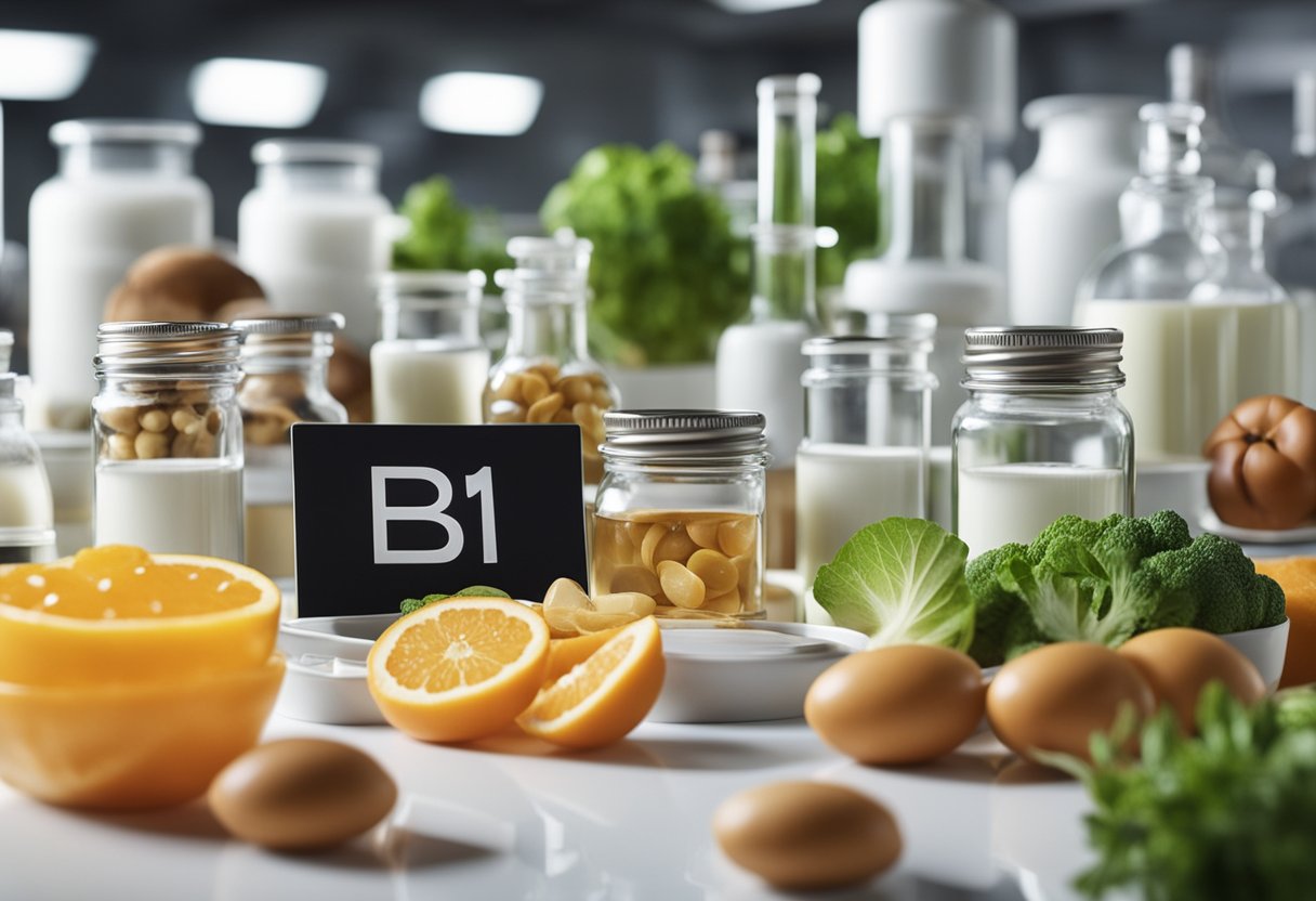 A laboratory setting with various food items rich in Vitamin B1, alongside a testosterone molecule