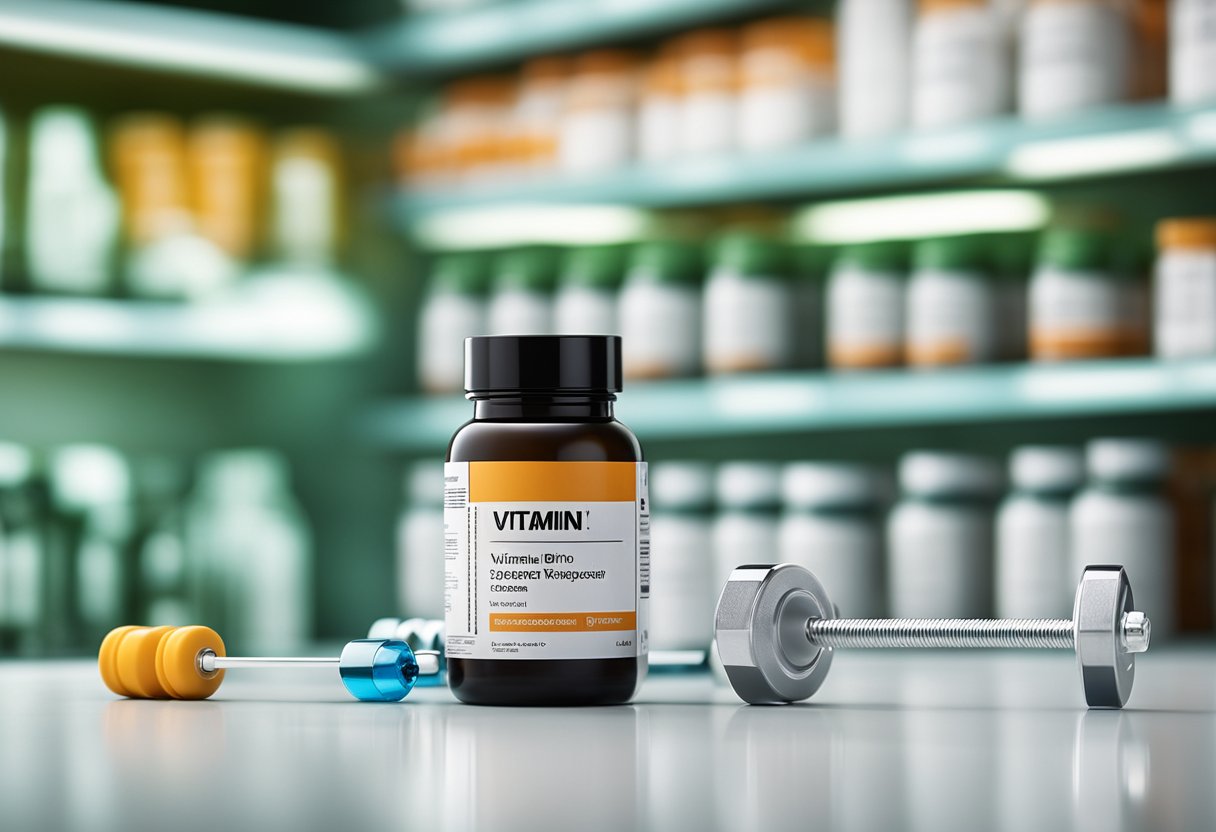 A bottle of vitamin B1 next to a testosterone molecule, with a measuring syringe and a weightlifting bar in the background