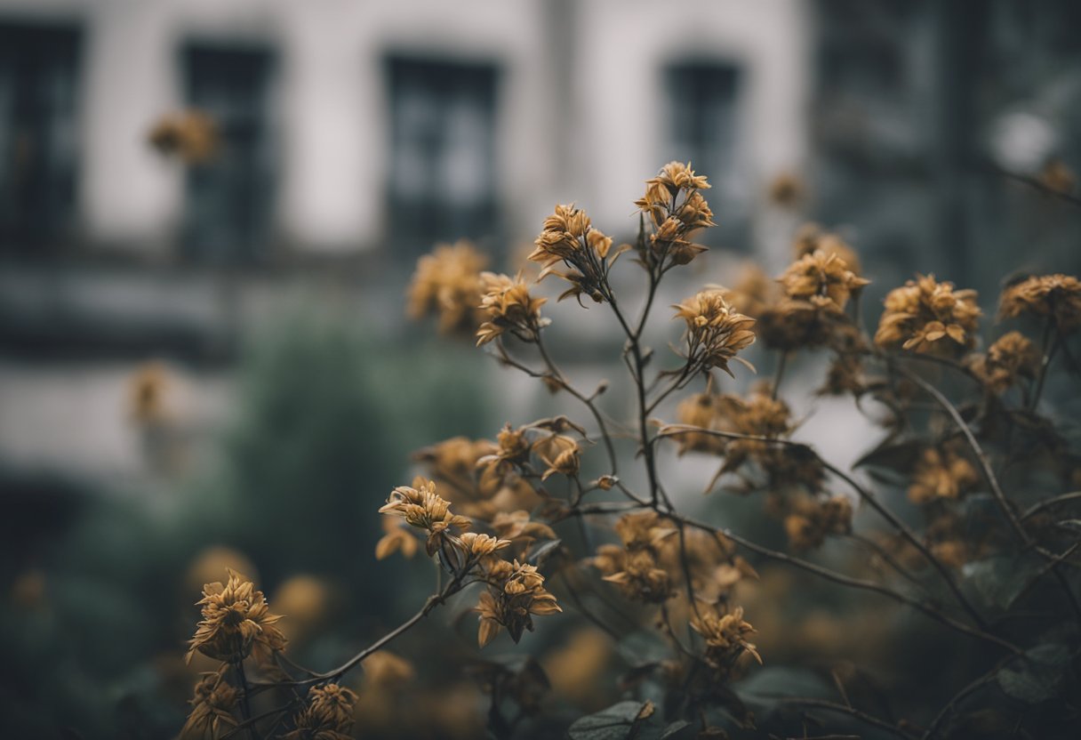 A withered plant surrounded by wilted flowers and drooping leaves, set against a gloomy background