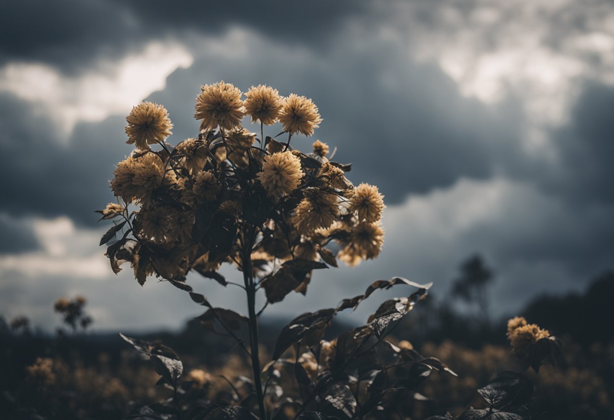 A withered plant surrounded by wilted flowers and drooping leaves, with a dark cloud hanging overhead