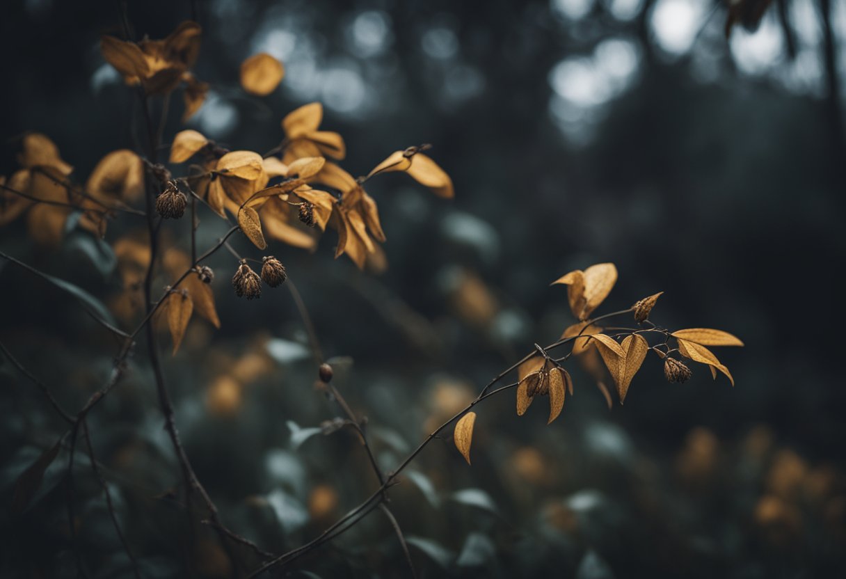 A withered plant with drooping leaves, surrounded by wilted flowers and a dark, gloomy atmosphere