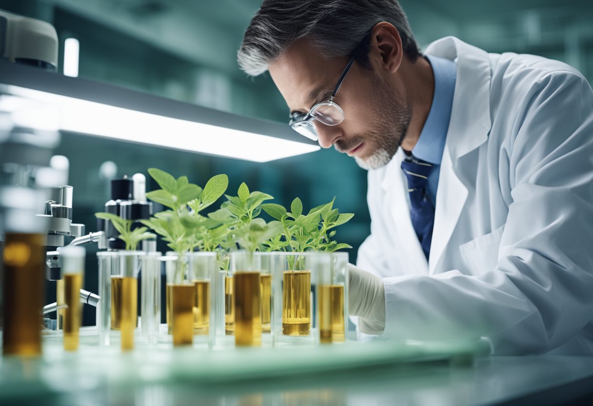 A lab setting with test tubes, a microscope, and scientific equipment. Ashwagandha plant in focus, with a perplexed researcher studying its effects on anhedonia