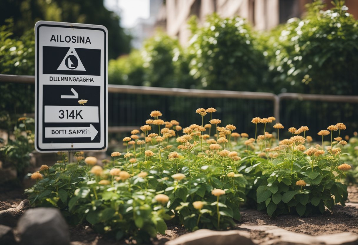 A serene garden with blooming Ashwagandha plants surrounded by caution signs and safety barriers