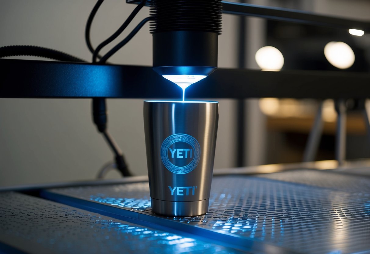 A laser engraver etching a design onto a stainless steel Yeti cup, emitting a focused beam of light onto the surface with precision and accuracy