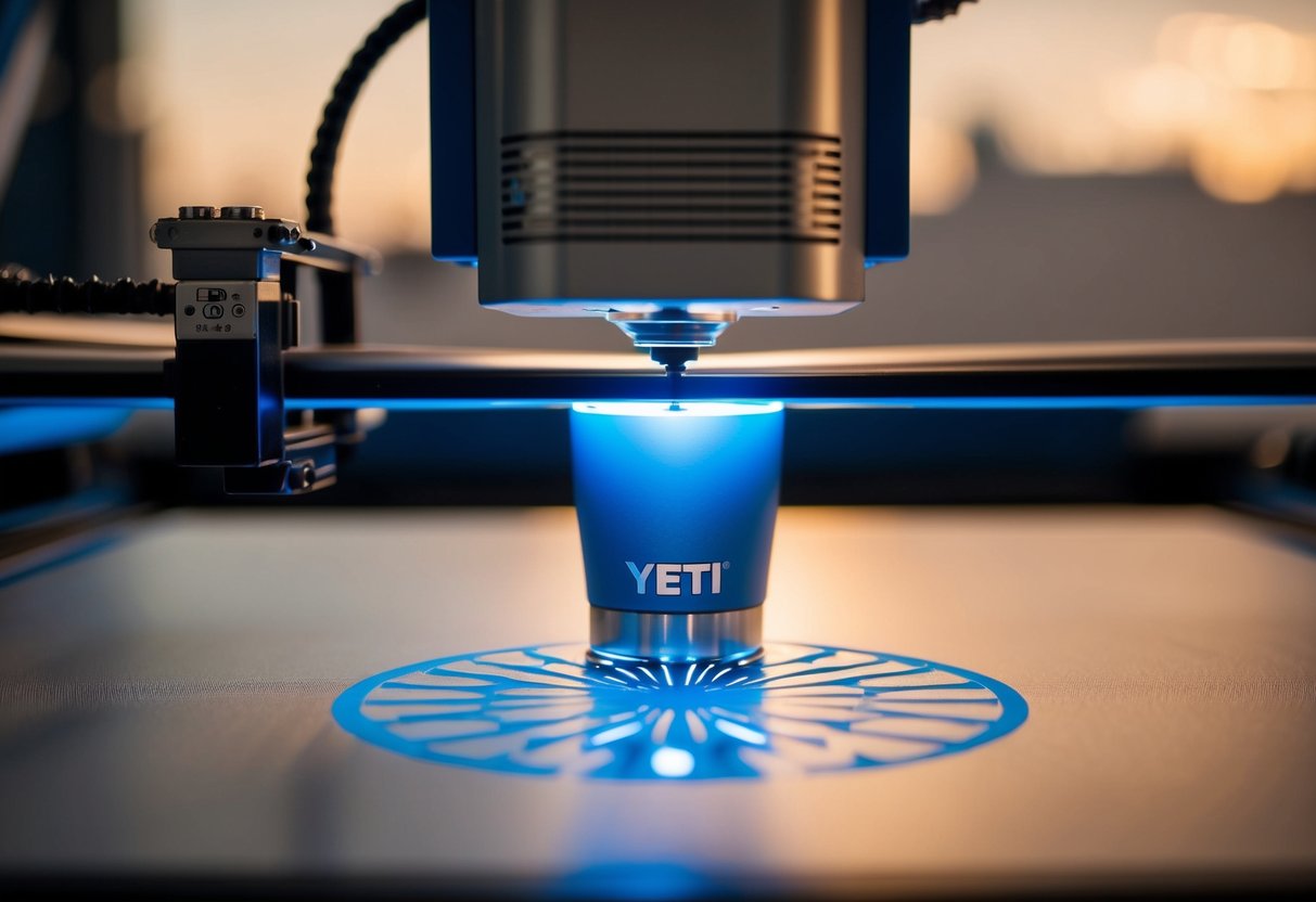 A laser engraver focusing on a Yeti cup, emitting a precise beam onto the surface, creating intricate designs with precision and accuracy