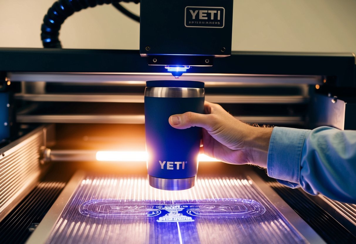 A hand placing a Yeti cup into a high-quality laser engraver, with the machine emitting a precise and intricate beam onto the surface of the cup