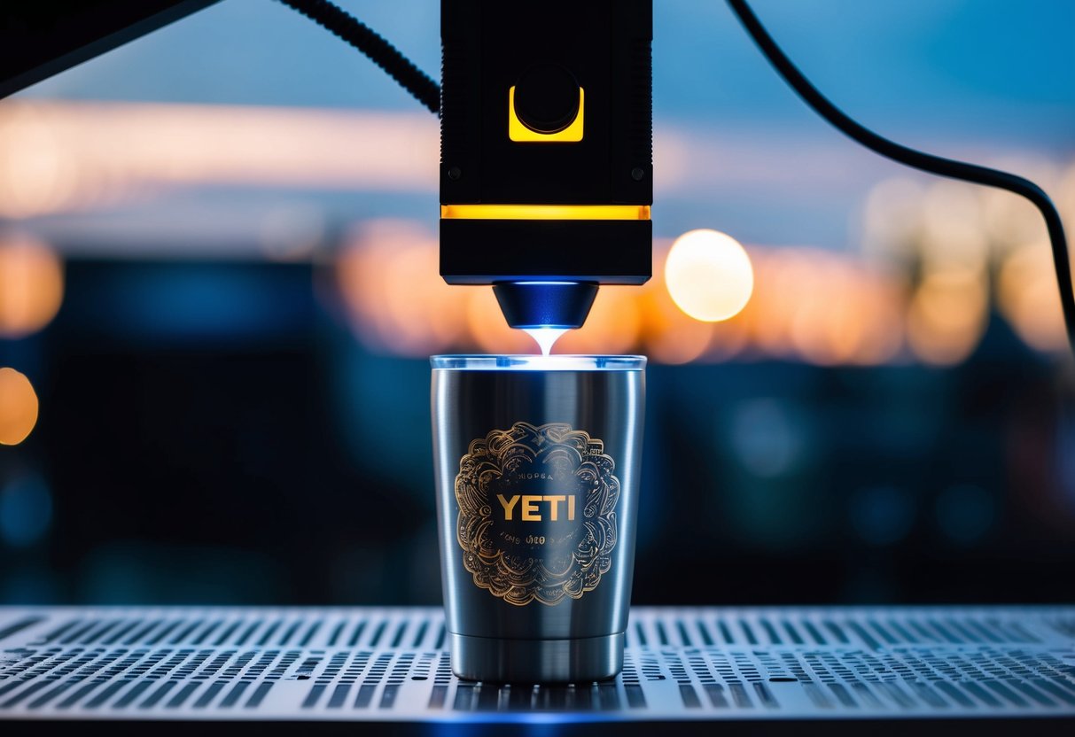 A laser engraver precisely etches intricate designs onto a stainless steel Yeti cup, emitting a focused beam of light to create high-quality engravings