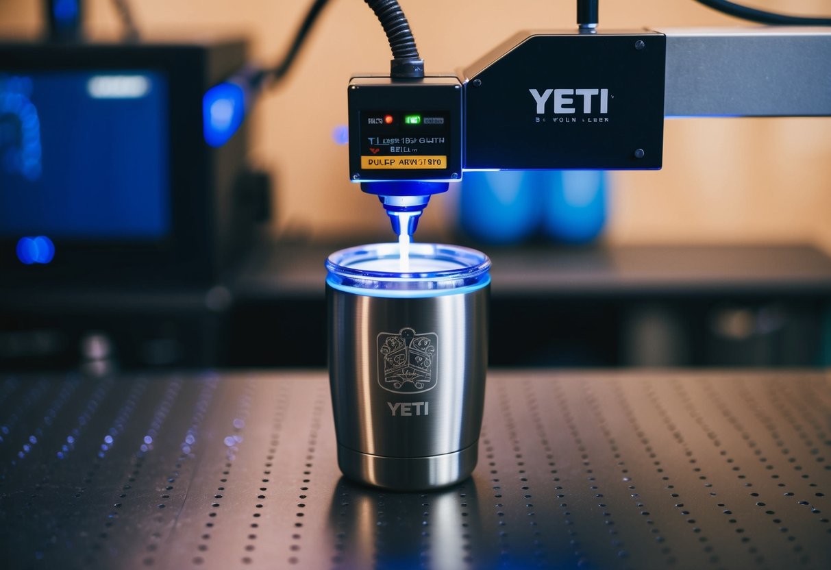 A laser engraver etching a design onto a stainless steel Yeti cup, emitting a focused beam of light to create precise and detailed markings