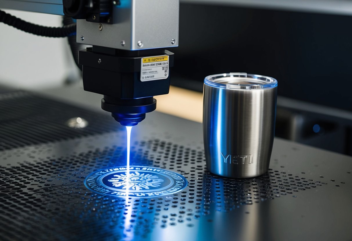 A laser engraver precisely etches a design onto a stainless steel Yeti cup, emitting a focused beam of light as it moves across the surface