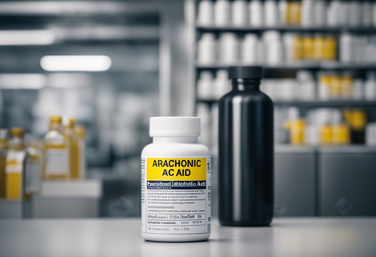 A bottle of arachidonic acid supplement next to a warning sign