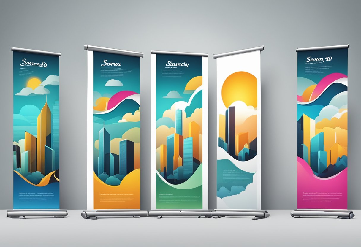 Several pull-up banners displayed in a row, each with unique designs and colors, standing against a plain background