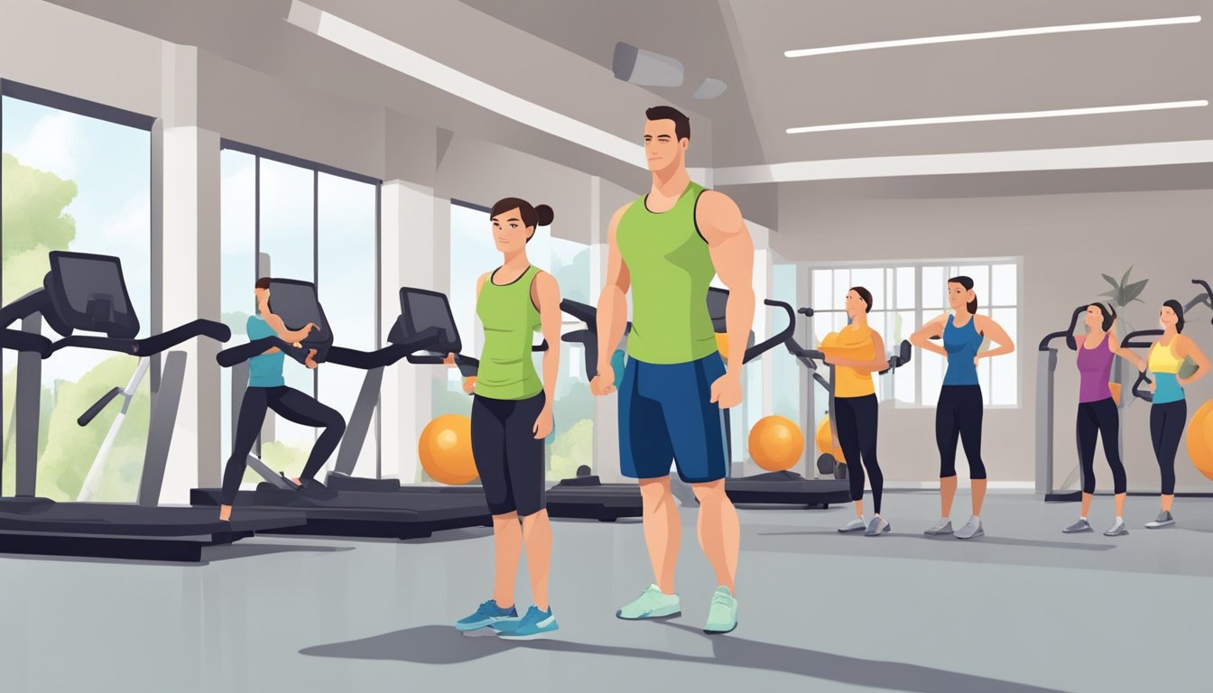 A personal trainer standing in a gym, demonstrating exercises with various equipment. Clients watching and following along, while the trainer provides guidance and motivation