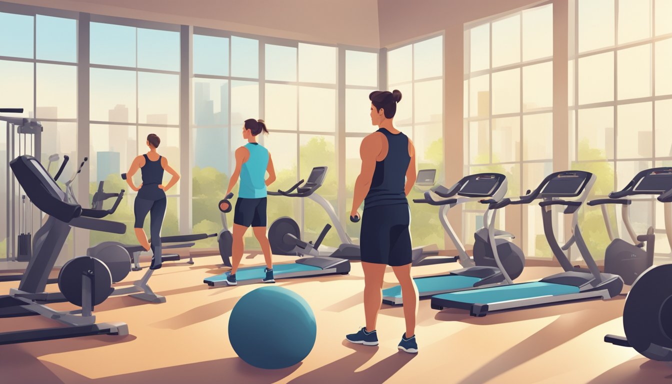 A personal trainer leading a workout session in a bright, spacious gym, with various exercise equipment in the background