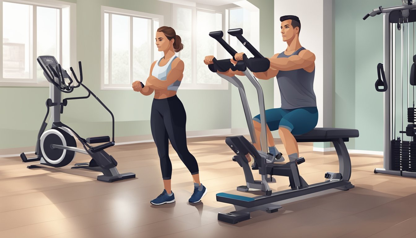 A personal trainer demonstrating exercises to a client, using various gym equipment and providing guidance and support